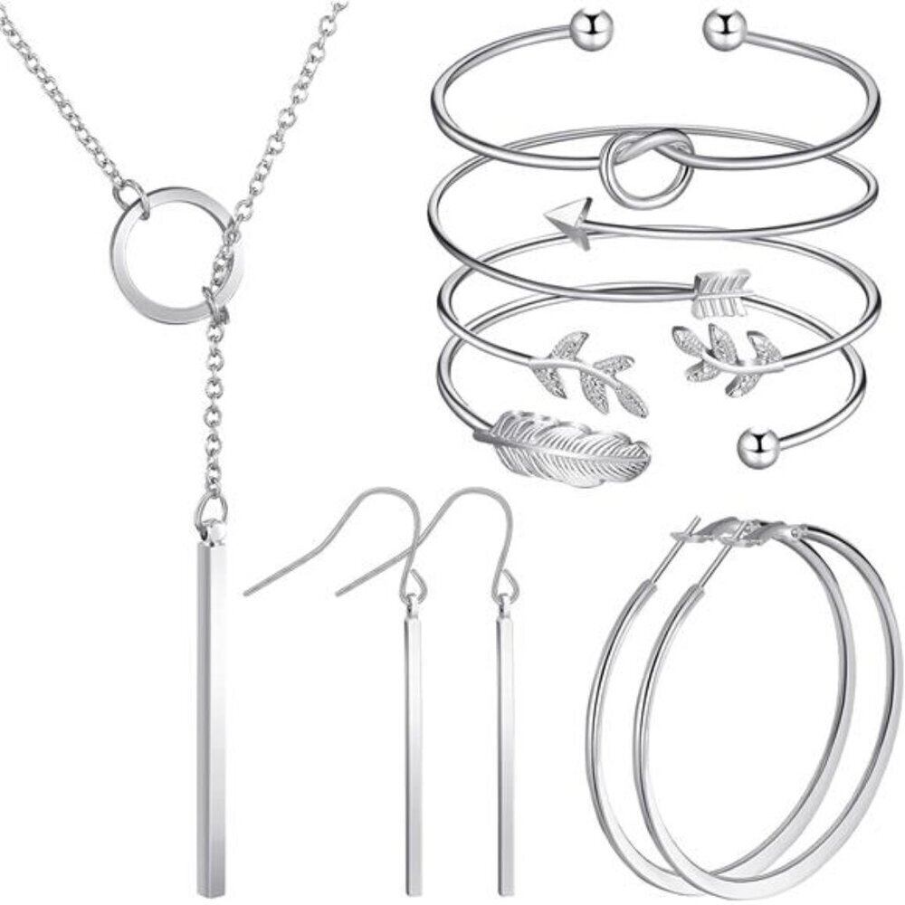 7 Piece Simple Bar Jewelry Set Bar Necklace, Earrings & Adjustable Bracelets